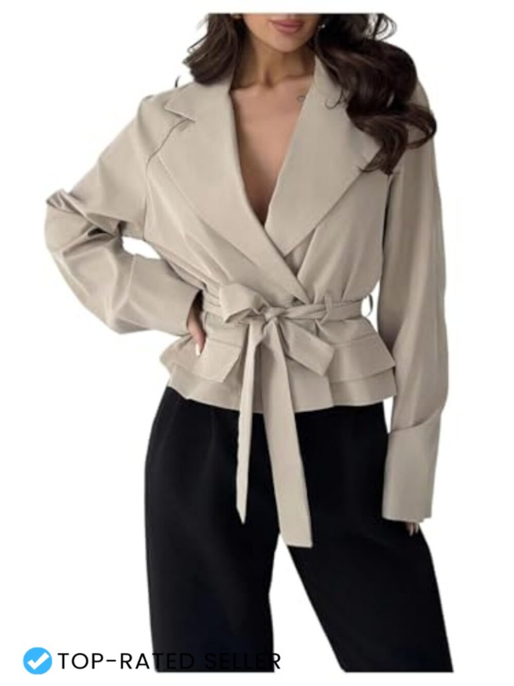 Double Breasted Tie Belt Trench Coat Collared Fall Outerwear